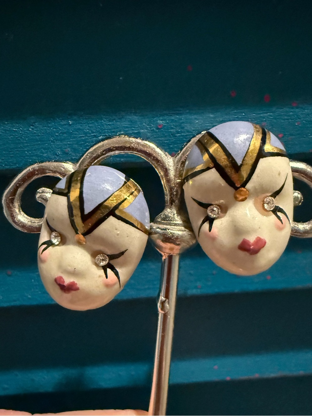 VTGE 1980s Pierrot Clown Face Earrings, Hand-Painted Porcelain, Rhinestone
